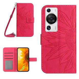 For Huawei P60 Pro Skin Feel Sun Flower Embossed Flip Leather Phone Case with Lanyard(Rose Red)