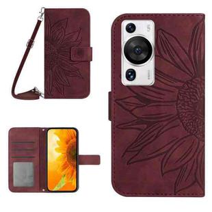 For Huawei P60 Pro Skin Feel Sun Flower Embossed Flip Leather Phone Case with Lanyard(Wine Red)