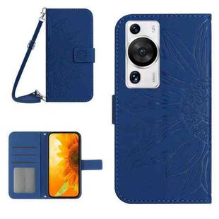 For Huawei P60 Pro Skin Feel Sun Flower Embossed Flip Leather Phone Case with Lanyard(Dark Blue)