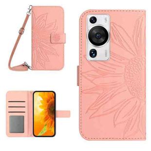 For Huawei P60 Pro Skin Feel Sun Flower Embossed Flip Leather Phone Case with Lanyard(Pink)