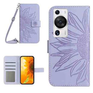 For Huawei P60 Pro Skin Feel Sun Flower Embossed Flip Leather Phone Case with Lanyard(Purple)