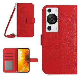 For Huawei P60 Pro Skin Feel Sun Flower Embossed Flip Leather Phone Case with Lanyard(Red)