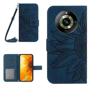 For Realme 11 Pro Skin Feel Sun Flower Embossed Flip Leather Phone Case with Lanyard(Inky Blue)