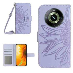 For Realme 11 Pro Skin Feel Sun Flower Embossed Flip Leather Phone Case with Lanyard(Purple)