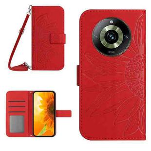 For Realme 11 Pro Skin Feel Sun Flower Embossed Flip Leather Phone Case with Lanyard(Red)