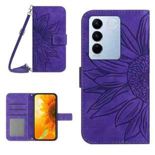 For vivo V27E 4G Global Skin Feel Sun Flower Embossed Flip Leather Phone Case with Lanyard(Dark Purple)
