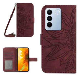 For vivo V27E 4G Global Skin Feel Sun Flower Embossed Flip Leather Phone Case with Lanyard(Wine Red)