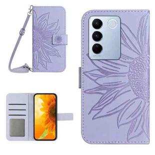 For vivo V27E 4G Global Skin Feel Sun Flower Embossed Flip Leather Phone Case with Lanyard(Purple)