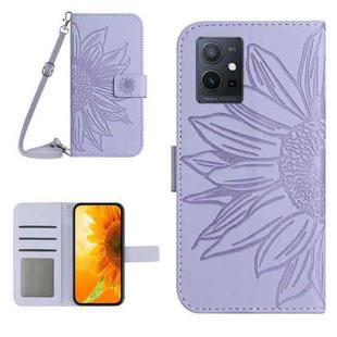 For vivo Y55S 5G 2023 / Y55 5G / T1 5G Skin Feel Sun Flower Embossed Flip Leather Phone Case with Lanyard(Purple)