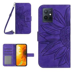 For vivo Y75 5G Global Skin Feel Sun Flower Embossed Flip Leather Phone Case with Lanyard(Dark Purple)