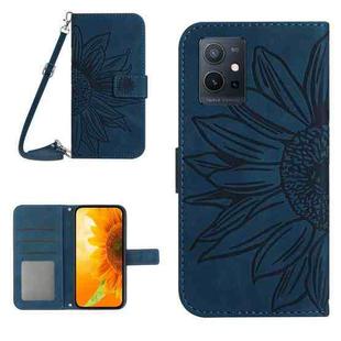 For vivo Y75 5G Global Skin Feel Sun Flower Embossed Flip Leather Phone Case with Lanyard(Inky Blue)