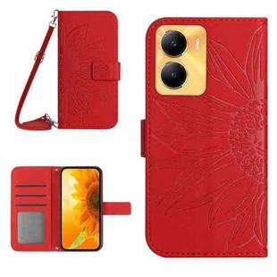 For vivo Y56 5G Global Skin Feel Sun Flower Embossed Flip Leather Phone Case with Lanyard(Red)
