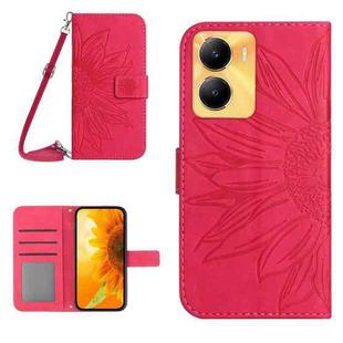 For vivo Y02S Global / Y16 4G Global Skin Feel Sun Flower Embossed Flip Leather Phone Case with Lanyard(Rose Red)