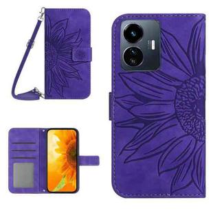 For vivo Y77E 5G Skin Feel Sun Flower Embossed Flip Leather Phone Case with Lanyard(Dark Purple)
