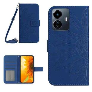 For vivo Y77E 5G Skin Feel Sun Flower Embossed Flip Leather Phone Case with Lanyard(Dark Blue)