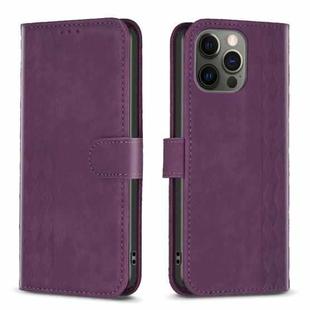 For iPhone 12 / 12 Pro Plaid Embossed Leather Phone Case(Purple)