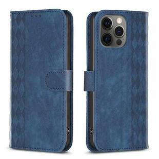 For iPhone 12 Pro Max Plaid Embossed Leather Phone Case(Blue)
