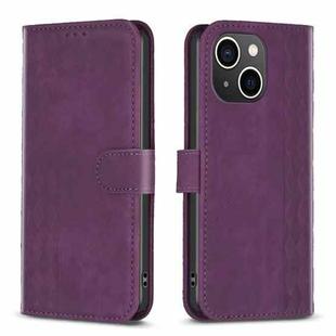 For iPhone 15 Plaid Embossed Leather Phone Case(Purple)