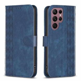 For Samsung Galaxy S22 Ultra 5G Plaid Embossed Leather Phone Case(Blue)