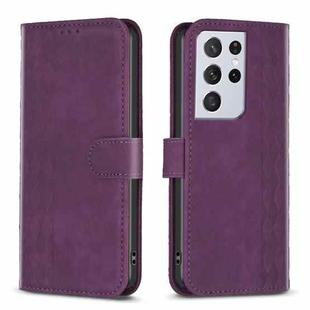 For Samsung Galaxy S21 Ultra 5G Plaid Embossed Leather Phone Case(Purple)