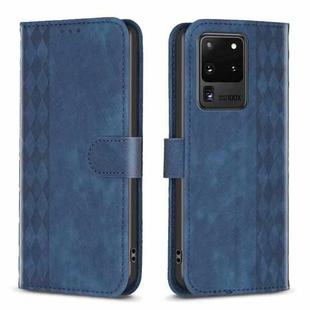 For Samsung Galaxy S20 Ultra Plaid Embossed Leather Phone Case(Blue)