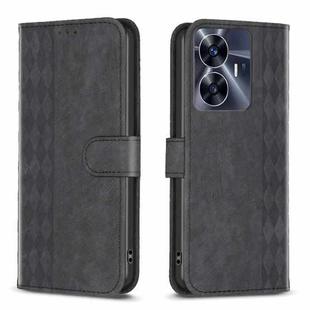 For Realme C55 Plaid Embossed Leather Phone Case(Black)
