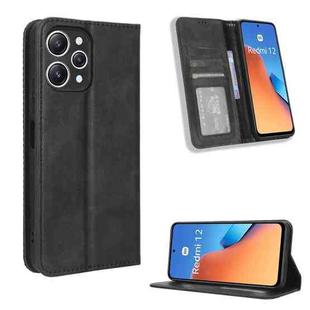 For Xiaomi Redmi 12 4G Magnetic Buckle Retro Texture Leather Phone Case(Black)