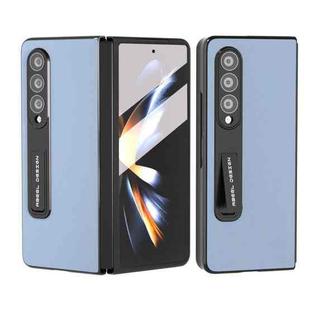 For Samsung Galaxy Z Fold3 5G ABEEL Integrated Genuine Leather Wave Black Edge Phone Case with Holder(Blue)