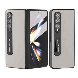 For Samsung Galaxy Z Fold4 5G ABEEL Integrated Genuine Leather Wave Black Edge Phone Case with Holder(Grey)