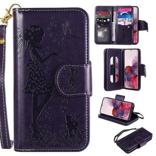 For Samsung Galaxy S20 Woman and Cat Embossed Horizontal Flip Leather Case, with Card Slots & Holder & Wallet & Photo Frame & Mirror & Lanyard(Purple)