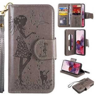 For Samsung Galaxy S20 Woman and Cat Embossed Horizontal Flip Leather Case, with Card Slots & Holder & Wallet & Photo Frame & Mirror & Lanyard(Grey)