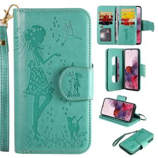 For Samsung Galaxy S20 Woman and Cat Embossed Horizontal Flip Leather Case, with Card Slots & Holder & Wallet & Photo Frame & Mirror & Lanyard(Green)