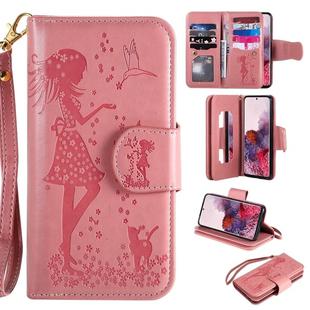 For Samsung Galaxy S20 Woman and Cat Embossed Horizontal Flip Leather Case, with Card Slots & Holder & Wallet & Photo Frame & Mirror & Lanyard(Pink)