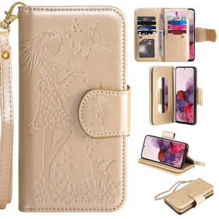 For Samsung Galaxy S20 Woman and Cat Embossed Horizontal Flip Leather Case, with Card Slots & Holder & Wallet & Photo Frame & Mirror & Lanyard(Gold)