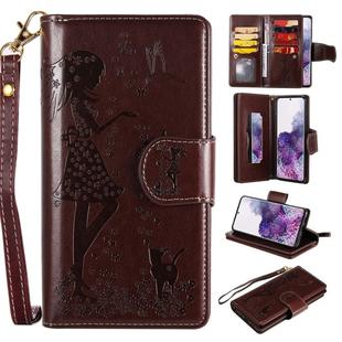 For Samsung Galaxy S20+ Woman and Cat Embossed Horizontal Flip Leather Case, with Card Slots & Holder & Wallet & Photo Frame & Mirror & Lanyard(Brown)