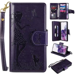 For Samsung Galaxy S20+ Woman and Cat Embossed Horizontal Flip Leather Case, with Card Slots & Holder & Wallet & Photo Frame & Mirror & Lanyard(Purple)