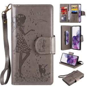 For Samsung Galaxy S20+ Woman and Cat Embossed Horizontal Flip Leather Case, with Card Slots & Holder & Wallet & Photo Frame & Mirror & Lanyard(Grey)