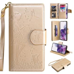 For Samsung Galaxy S20+ Woman and Cat Embossed Horizontal Flip Leather Case, with Card Slots & Holder & Wallet & Photo Frame & Mirror & Lanyard(Gold)