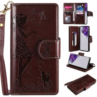 For Samsung Galaxy S20 Ultra Woman and Cat Embossed Horizontal Flip Leather Case, with Card Slots & Holder & Wallet & Photo Frame & Mirror & Lanyard(Brown)