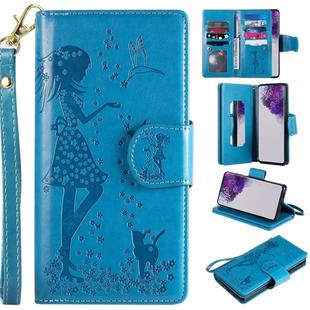 For Samsung Galaxy S20 Ultra Woman and Cat Embossed Horizontal Flip Leather Case, with Card Slots & Holder & Wallet & Photo Frame & Mirror & Lanyard(Blue)