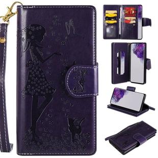 For Samsung Galaxy S20 Ultra Woman and Cat Embossed Horizontal Flip Leather Case, with Card Slots & Holder & Wallet & Photo Frame & Mirror & Lanyard(Purple)