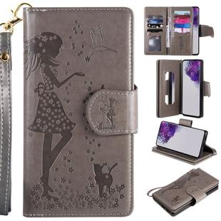 For Samsung Galaxy S20 Ultra Woman and Cat Embossed Horizontal Flip Leather Case, with Card Slots & Holder & Wallet & Photo Frame & Mirror & Lanyard(Grey)