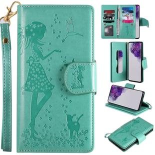 For Samsung Galaxy S20 Ultra Woman and Cat Embossed Horizontal Flip Leather Case, with Card Slots & Holder & Wallet & Photo Frame & Mirror & Lanyard(Green)