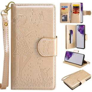 For Samsung Galaxy S20 Ultra Woman and Cat Embossed Horizontal Flip Leather Case, with Card Slots & Holder & Wallet & Photo Frame & Mirror & Lanyard(Gold)
