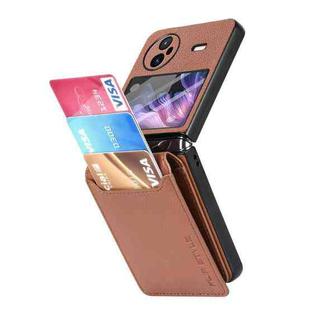 For vivo X Flip Litchi Texture Card Bag Shockproof Phone Case with Ring Holder / Film(Brown)