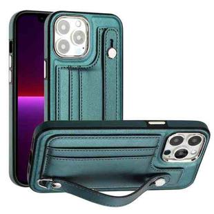 For iPhone 13 Pro Max Shockproof Leather Phone Case with Wrist Strap(Green)