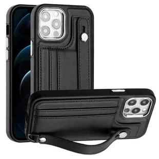 For iPhone 12 / 12 Pro Shockproof Leather Phone Case with Wrist Strap(Black)