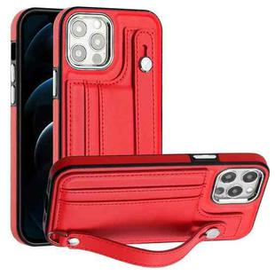 For iPhone 12 Pro Max Shockproof Leather Phone Case with Wrist Strap(Red)
