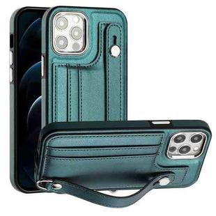 For iPhone 12 Pro Max Shockproof Leather Phone Case with Wrist Strap(Green)