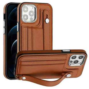 For iPhone 12 Pro Max Shockproof Leather Phone Case with Wrist Strap(Brown)